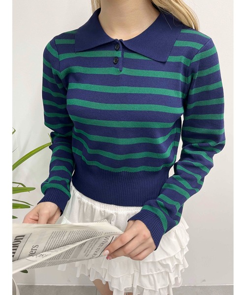 PHILLY（フィリー）の「【PHILLY】ボーダーニットポロ（Tシャツ/カットソー・レディース・ブラウン/ベージュ/ブラック/ネイビー・FREE）」の2枚目の写真