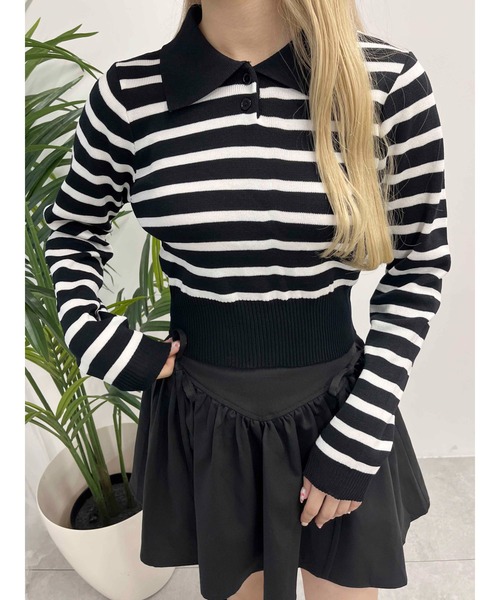 PHILLY（フィリー）の「【PHILLY】ボーダーニットポロ（Tシャツ/カットソー・レディース・ブラウン/ベージュ/ブラック/ネイビー・FREE）」の3枚目の写真