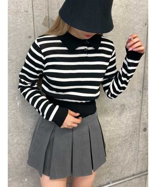 PHILLY（フィリー）の「【PHILLY】ボーダーニットポロ（Tシャツ/カットソー・レディース・ブラウン/ベージュ/ブラック/ネイビー・FREE）」の18枚目の写真