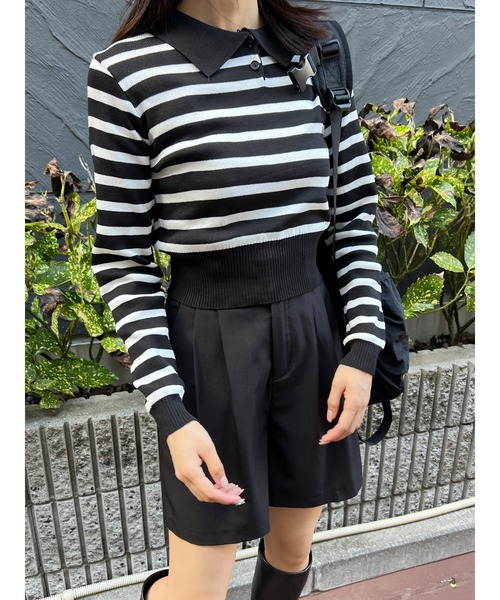 PHILLY（フィリー）の「【PHILLY】ボーダーニットポロ（Tシャツ/カットソー・レディース・ブラウン/ベージュ/ブラック/ネイビー・FREE）」の19枚目の写真