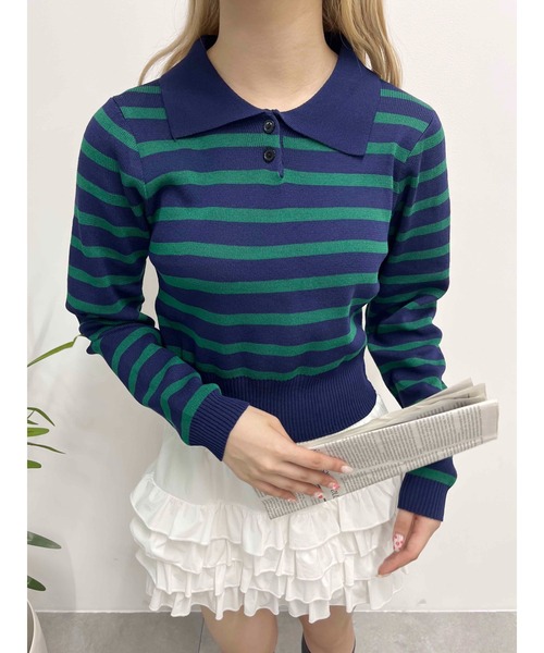 PHILLY（フィリー）の「【PHILLY】ボーダーニットポロ（Tシャツ/カットソー・レディース・ブラウン/ベージュ/ブラック/ネイビー・FREE）」の5枚目の写真