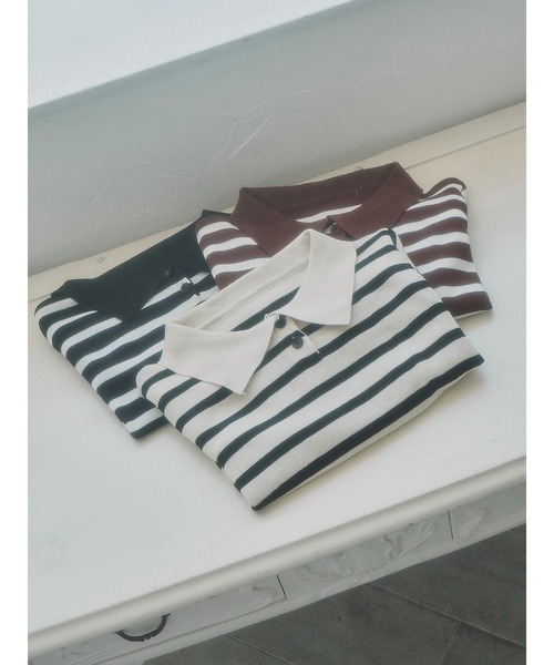 PHILLY（フィリー）の「【PHILLY】ボーダーニットポロ（Tシャツ/カットソー・レディース・ブラウン/ベージュ/ブラック/ネイビー・FREE）」の6枚目の写真