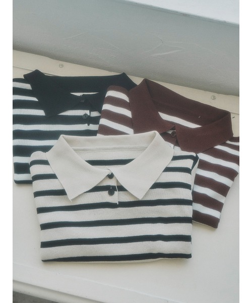 PHILLY（フィリー）の「【PHILLY】ボーダーニットポロ（Tシャツ/カットソー・レディース・ブラウン/ベージュ/ブラック/ネイビー・FREE）」の7枚目の写真