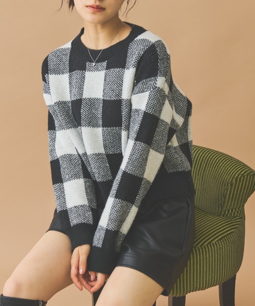 paravion(パラビオン)の「ブロックチェックニット(ニット/セーター・レディース・ブルー/ベージュ/ブラック・FREE)」の6枚目の写真