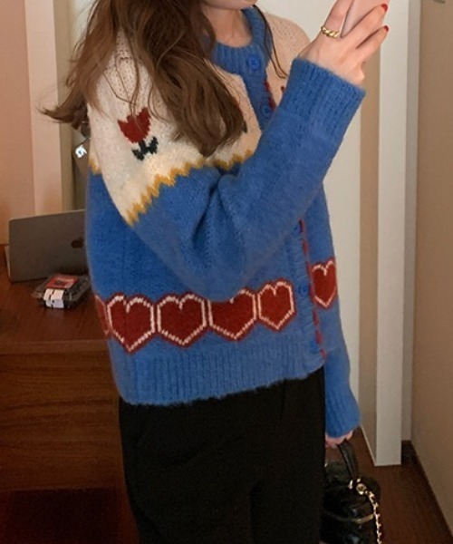 Vipoa（ヴィポア）の「retro flower jacquard knit cardigan（カーディガン/ボレロ・レディース・ブルー・FREE）」の7枚目の写真