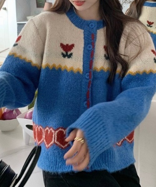 Vipoa（ヴィポア）の「retro flower jacquard knit cardigan（カーディガン/ボレロ・レディース・ブルー・FREE）」の15枚目の写真