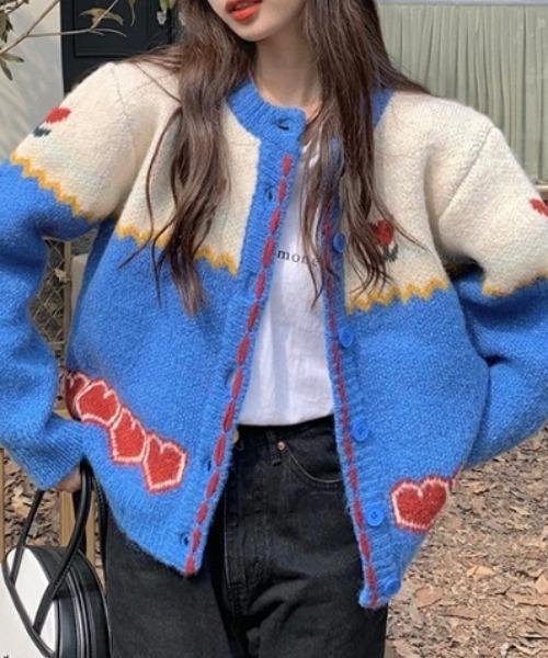 Vipoa（ヴィポア）の「retro flower jacquard knit cardigan（カーディガン/ボレロ・レディース・ブルー・FREE）」の13枚目の写真
