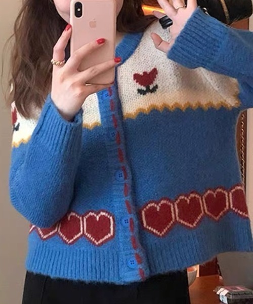 Vipoa（ヴィポア）の「retro flower jacquard knit cardigan（カーディガン/ボレロ・レディース・ブルー・FREE）」の10枚目の写真