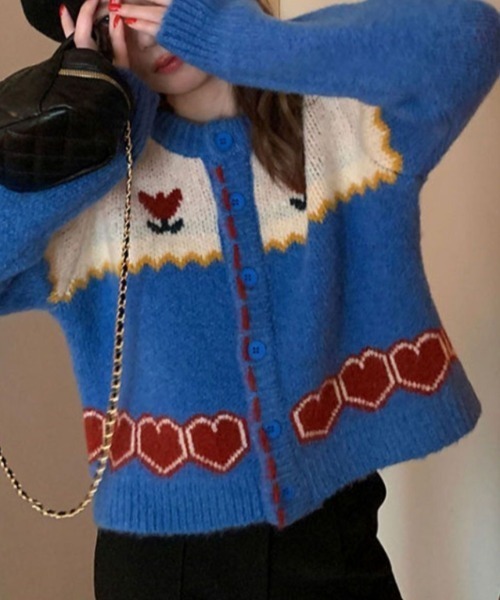 Vipoa（ヴィポア）の「retro flower jacquard knit cardigan（カーディガン/ボレロ・レディース・ブルー・FREE）」の6枚目の写真