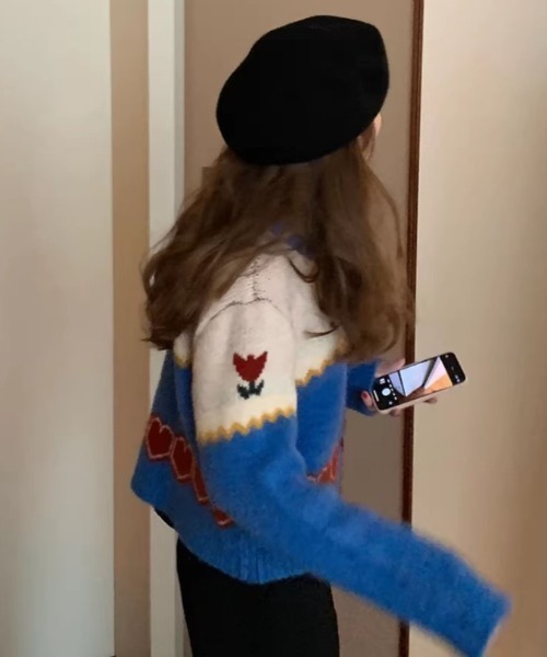 Vipoa（ヴィポア）の「retro flower jacquard knit cardigan（カーディガン/ボレロ・レディース・ブルー・FREE）」の9枚目の写真