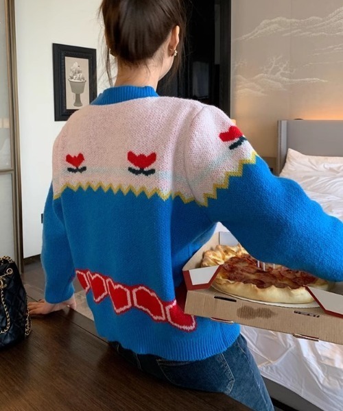 Vipoa（ヴィポア）の「retro flower jacquard knit cardigan（カーディガン/ボレロ・レディース・ブルー・FREE）」の20枚目の写真