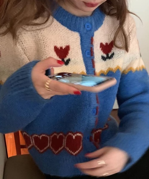 Vipoa（ヴィポア）の「retro flower jacquard knit cardigan（カーディガン/ボレロ・レディース・ブルー・FREE）」の3枚目の写真