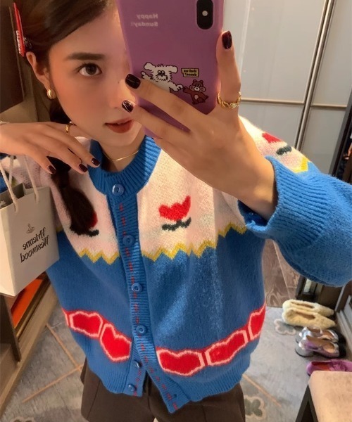 Vipoa（ヴィポア）の「retro flower jacquard knit cardigan（カーディガン/ボレロ・レディース・ブルー・FREE）」の18枚目の写真
