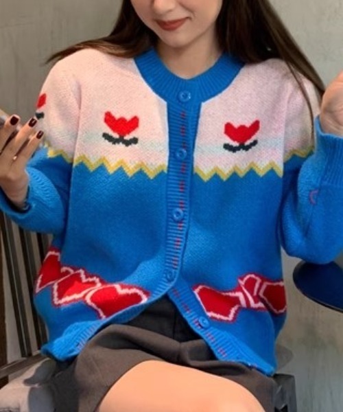 Vipoa（ヴィポア）の「retro flower jacquard knit cardigan（カーディガン/ボレロ・レディース・ブルー・FREE）」の19枚目の写真