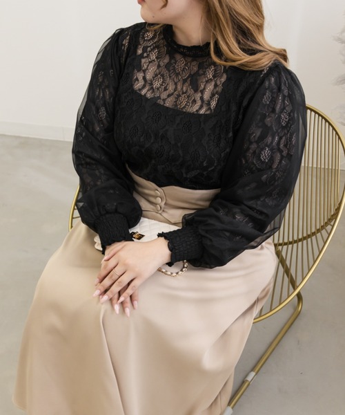 CLETTE(クレット)の「袖チュール重ねレースブラウス(シャツ/ブラウス・レディース・ブラック/ホワイト・LL/3L/4L)」の4枚目の写真
