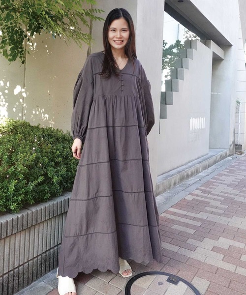 【セール中！】リネン100　Vネック　UNITEDARROWS　ロングワンピース セール】コットンレースVネックロングワンピース（ワンピース