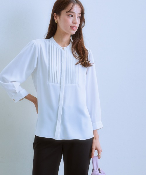 7days Life Styling(セブンデイズライフスタイリング)の「フロントピンタック8分袖ブラウス(しわになりにくい・UVカット)(シャツ/ブラウス・レディース・オフホワイト/サックスブルー系/ブラック・M/L/LL)」の4枚目の写真