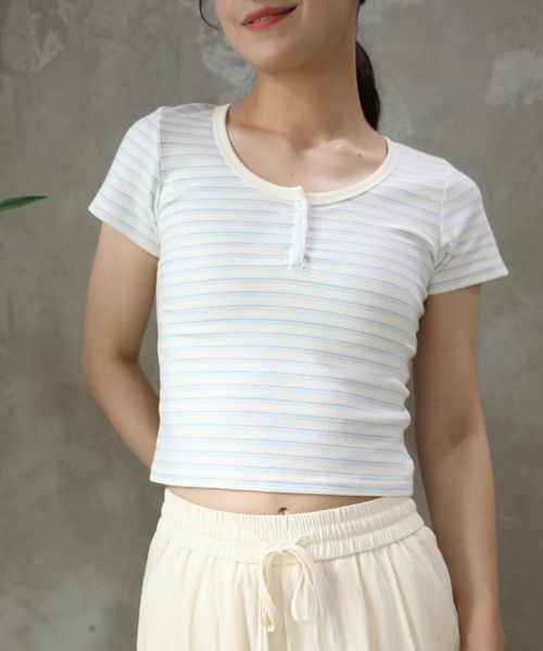 aimoha(アイモハ)の「縞柄カットソー (SS)(Tシャツ/カットソー・レディース・ピンク/ブルー・LARGE/SMALL/MEDIUM)」の1枚目の写真