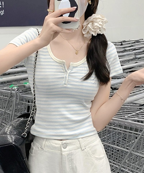 aimoha(アイモハ)の「縞柄カットソー (SS)(Tシャツ/カットソー・レディース・ピンク/ブルー・LARGE/SMALL/MEDIUM)」の4枚目の写真