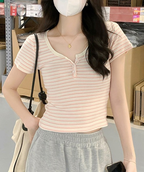 aimoha(アイモハ)の「縞柄カットソー (SS)(Tシャツ/カットソー・レディース・ピンク/ブルー・LARGE/SMALL/MEDIUM)」の5枚目の写真