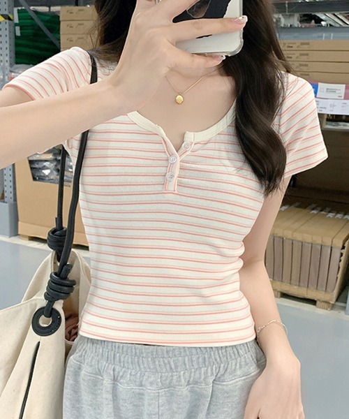 aimoha(アイモハ)の「縞柄カットソー (SS)(Tシャツ/カットソー・レディース・ピンク/ブルー・LARGE/SMALL/MEDIUM)」の7枚目の写真