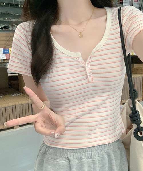 aimoha(アイモハ)の「縞柄カットソー (SS)(Tシャツ/カットソー・レディース・ピンク/ブルー・LARGE/SMALL/MEDIUM)」の8枚目の写真