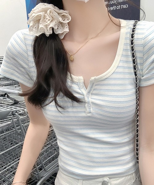 aimoha(アイモハ)の「縞柄カットソー (SS)(Tシャツ/カットソー・レディース・ピンク/ブルー・LARGE/SMALL/MEDIUM)」の13枚目の写真