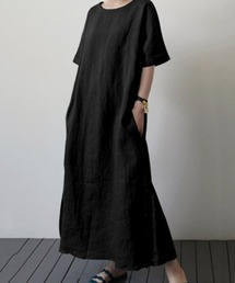 【高身長さん向け】Aライン ロング丈 ラウンドネック半袖ワンピース
