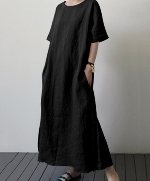 Ritzy(リッツィー)の「【高身長さん向け】Aライン ロング丈 ラウンドネック半袖ワンピース(ワンピース・レディース・グリーン/マスタード/ブラック・M/L)」の1枚目の写真