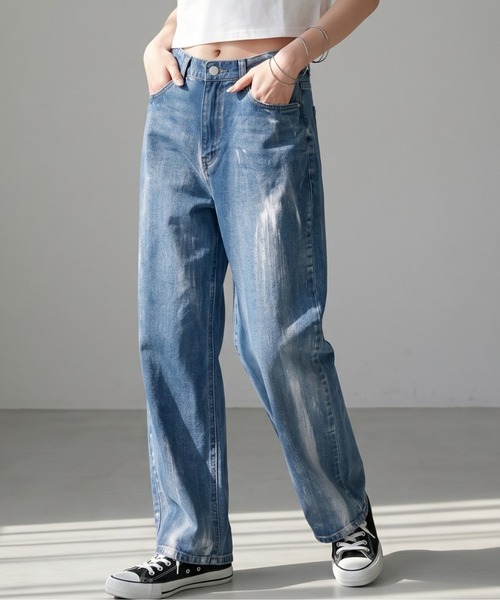 Per sist ence(パーシエンス)の「箔加工デニムパンツ(デニムパンツ・レディース・ライトブルー/ブラック/ブルー・FREE)」の1枚目の写真