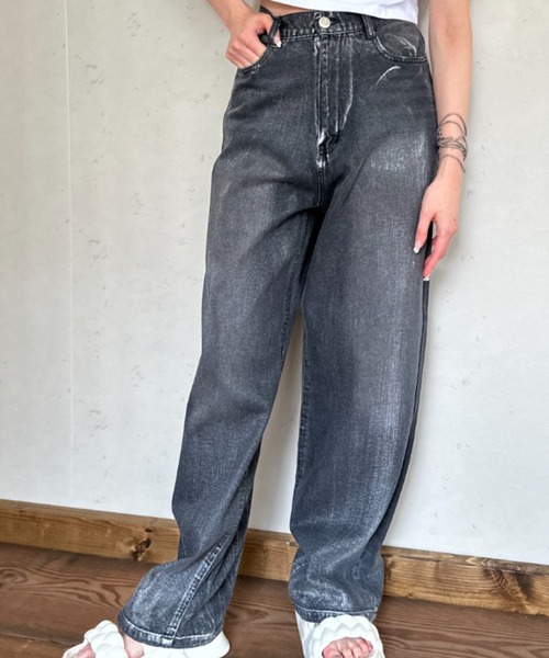Per sist ence(パーシエンス)の「箔加工デニムパンツ(デニムパンツ・レディース・ライトブルー/ブラック/ブルー・FREE)」の6枚目の写真