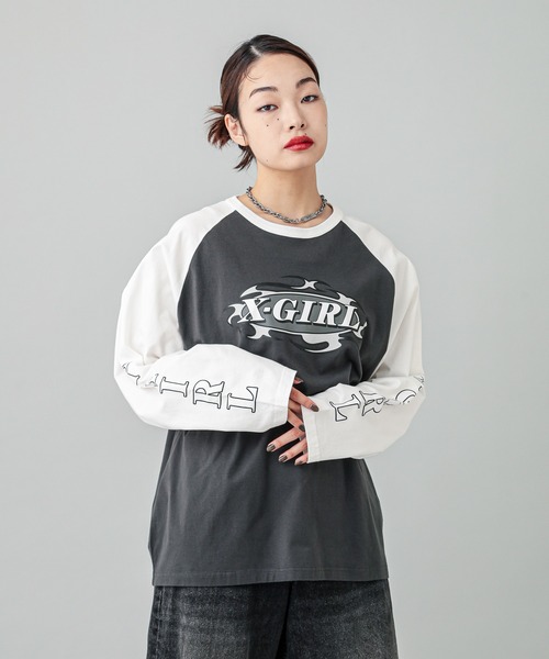 X-girl（エックスガール）の「CURVED OVAL LOGO B/B BIG TEE（T