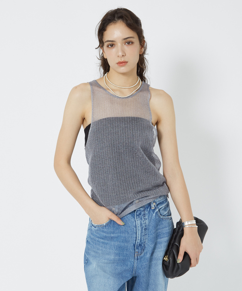 Rouge vif（ルージュヴィフ）の「針抜きシアーメタリックアメスリニットタンク（タンクトップ・レディース・グレー/ブラック・フリー）」の14枚目の写真