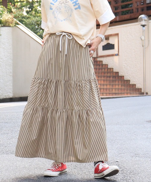 DOUBLE NAME(ダブルネーム)の「ストライプティアードスカート(スカート・メンズ・カーキ/ネイビー・FREE)」の6枚目の写真