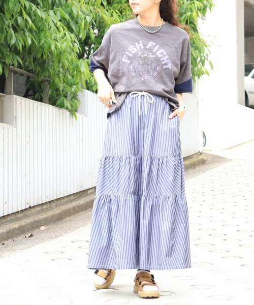 DOUBLE NAME(ダブルネーム)の「ストライプティアードスカート(スカート・メンズ・カーキ/ネイビー・FREE)」の18枚目の写真