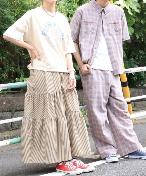 DOUBLE NAME(ダブルネーム)の「ストライプティアードスカート(スカート・メンズ・カーキ/ネイビー・FREE)」の12枚目の写真