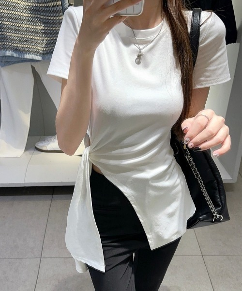 Mela（メラ）の「サイドリボンカットソー（Tシャツ/カットソー・レディース・グレー/ホワイト・FREE）」の4枚目の写真
