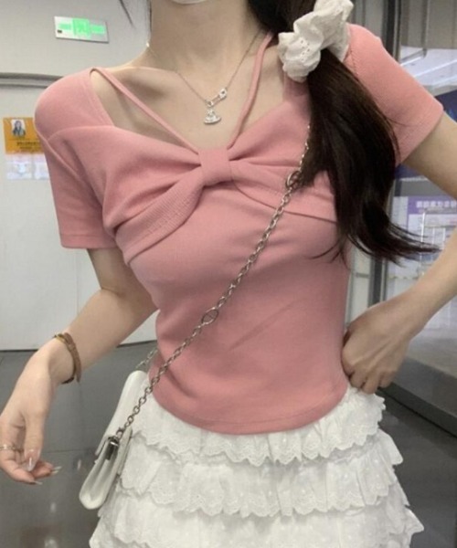 セール】【新色追加】4色展開リボンデザイン半袖Tシャツ（T