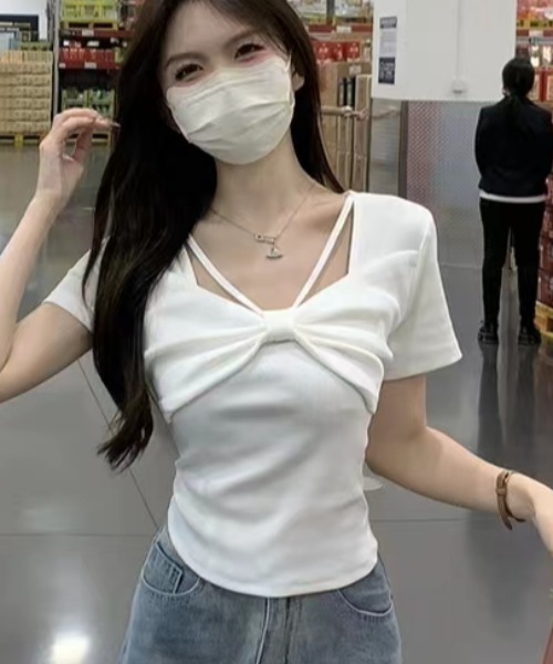 セール】【新色追加】4色展開リボンデザイン半袖Tシャツ（T