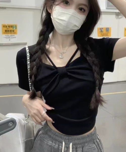 人気 リボン 半袖  デコレーション Tシャツ 4色 セール】【新色追加】4色展開リボンデザイン半袖Tシャツ（T