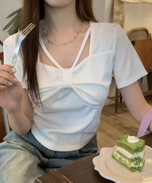人気 リボン 半袖  デコレーション Tシャツ 4色 セール】【新色追加】4色展開リボンデザイン半袖Tシャツ（T