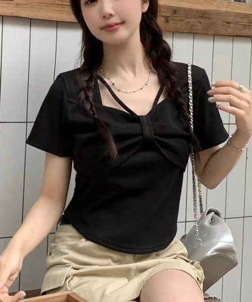 DIAVEL（ディアベル）の「【新色追加】4色展開リボンデザイン半袖Tシャツ（Tシャツ/カットソー・レディース・ホワイト/ピンク/ブラック/グレー・M）」の13枚目の写真