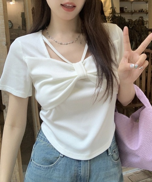 DIAVEL（ディアベル）の「【新色追加】4色展開リボンデザイン半袖Tシャツ（Tシャツ/カットソー・レディース・ホワイト/ピンク/ブラック/グレー・M）」の5枚目の写真