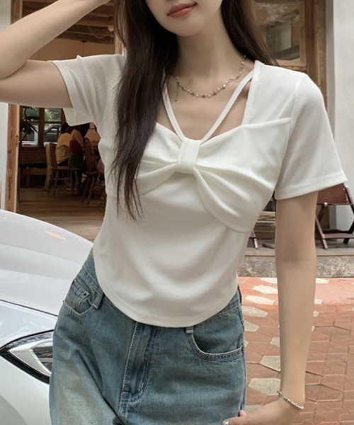 リボンモチーフ ホワイト Tシャツ 半袖 セール】【新色追加】4色展開リボンデザイン半袖Tシャツ（T