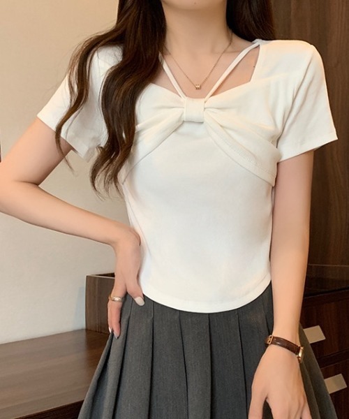 DIAVEL（ディアベル）の「【新色追加】4色展開リボンデザイン半袖Tシャツ（Tシャツ/カットソー・レディース・ホワイト/ピンク/ブラック/グレー・M）」の11枚目の写真