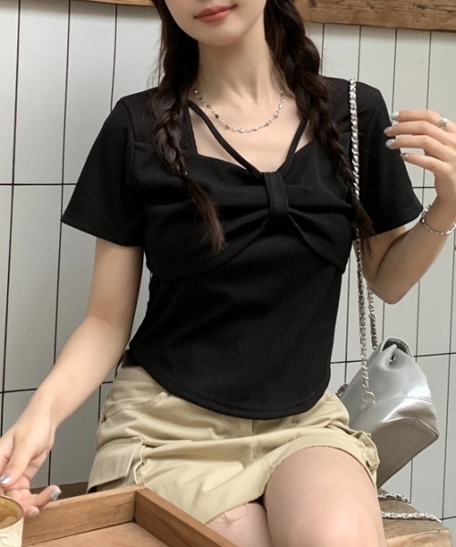 人気 リボン 半袖  デコレーション Tシャツ 4色 セール】【新色追加】4色展開リボンデザイン半袖Tシャツ（T