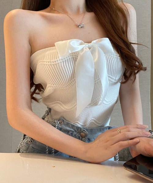 meJane（ミージェーン）の「2wayリボン リブニットビスチェ（チューブトップ・レディース・ホワイト/ブラック・FREE）」の2枚目の写真