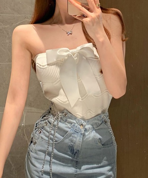 meJane（ミージェーン）の「2wayリボン リブニットビスチェ（チューブトップ・レディース・ホワイト/ブラック・FREE）」の5枚目の写真