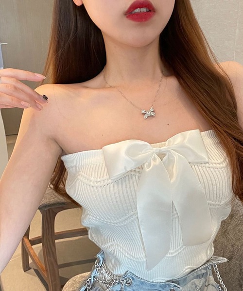 meJane（ミージェーン）の「2wayリボン リブニットビスチェ（チューブトップ・レディース・ホワイト/ブラック・FREE）」の4枚目の写真