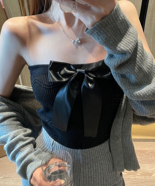 meJane（ミージェーン）の「2wayリボン リブニットビスチェ（チューブトップ・レディース・ホワイト/ブラック・FREE）」の11枚目の写真